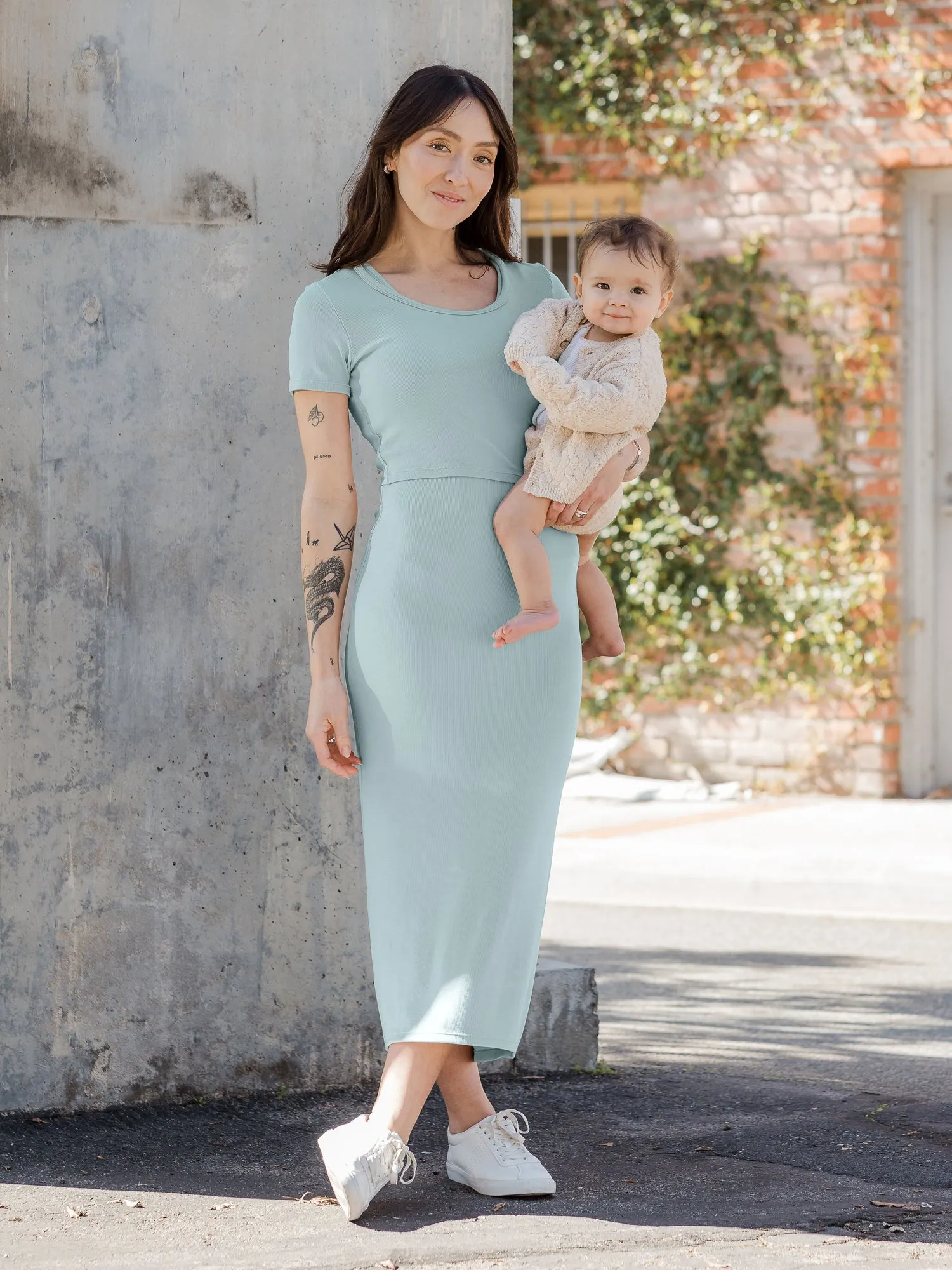 Olivia Ribbed Bamboo 2-in-1 Maternity & Nursing Dress | Dusty Blue Green