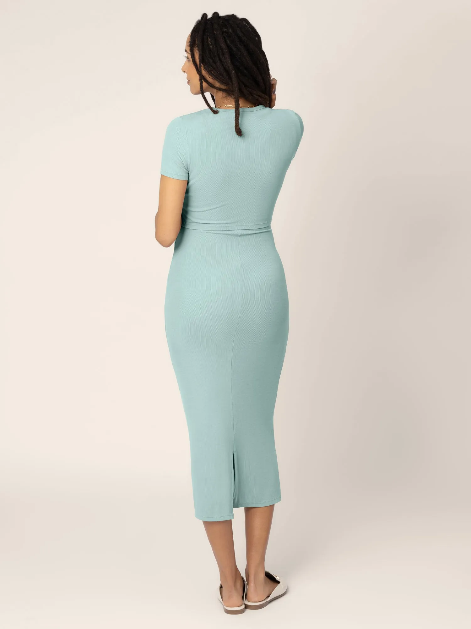 Olivia Ribbed Bamboo 2-in-1 Maternity & Nursing Dress | Dusty Blue Green