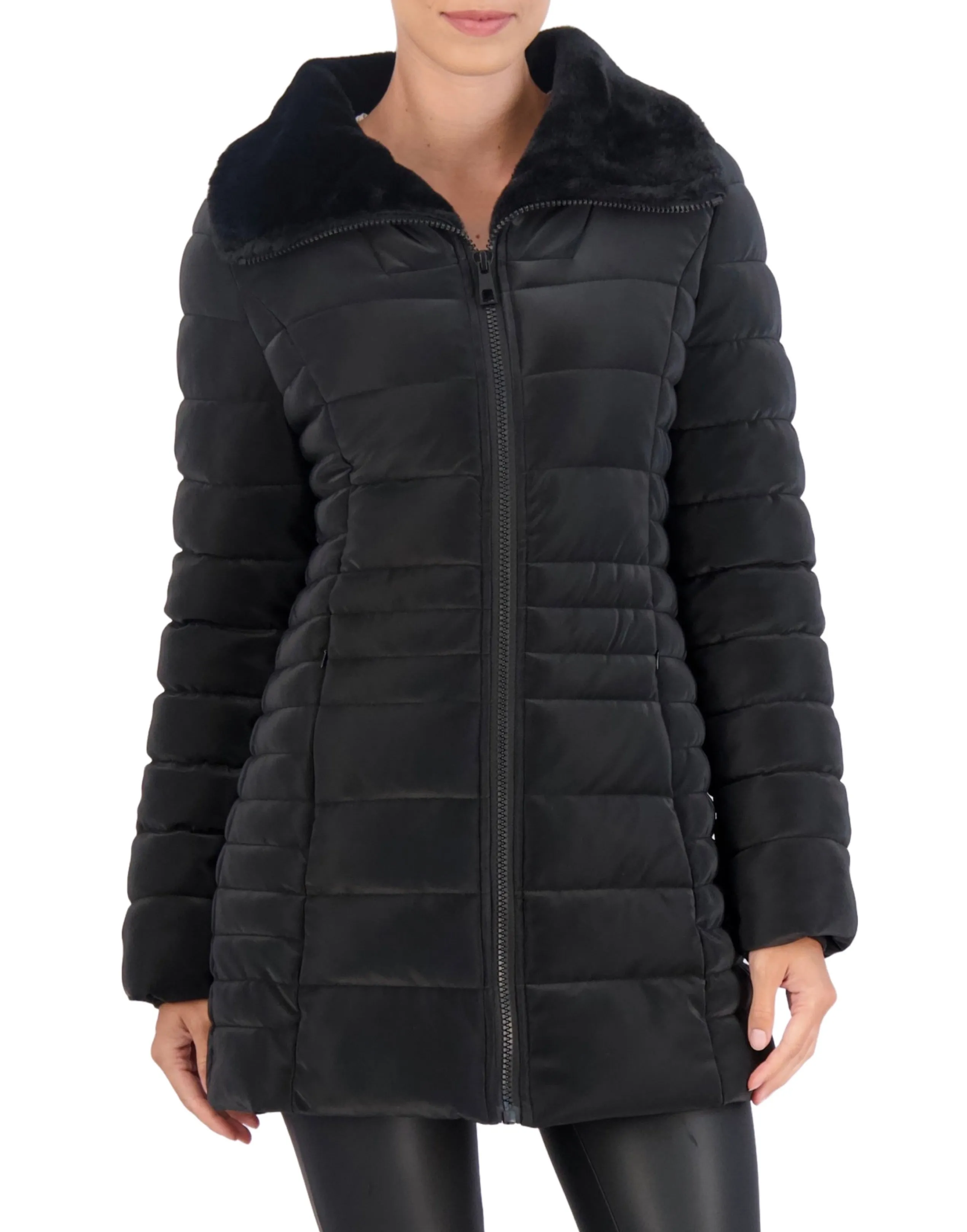 Ookie & Lala Faux Fur Trim Carbon Puffer Jacket