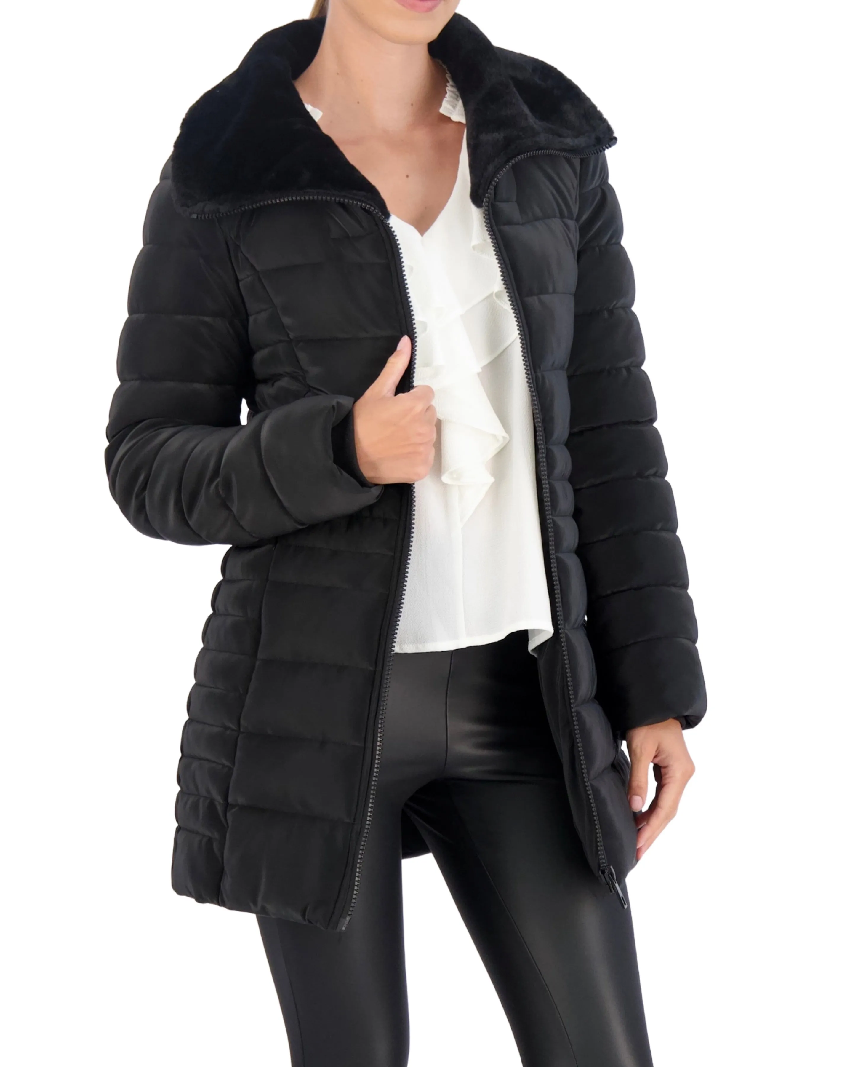 Ookie & Lala Faux Fur Trim Carbon Puffer Jacket