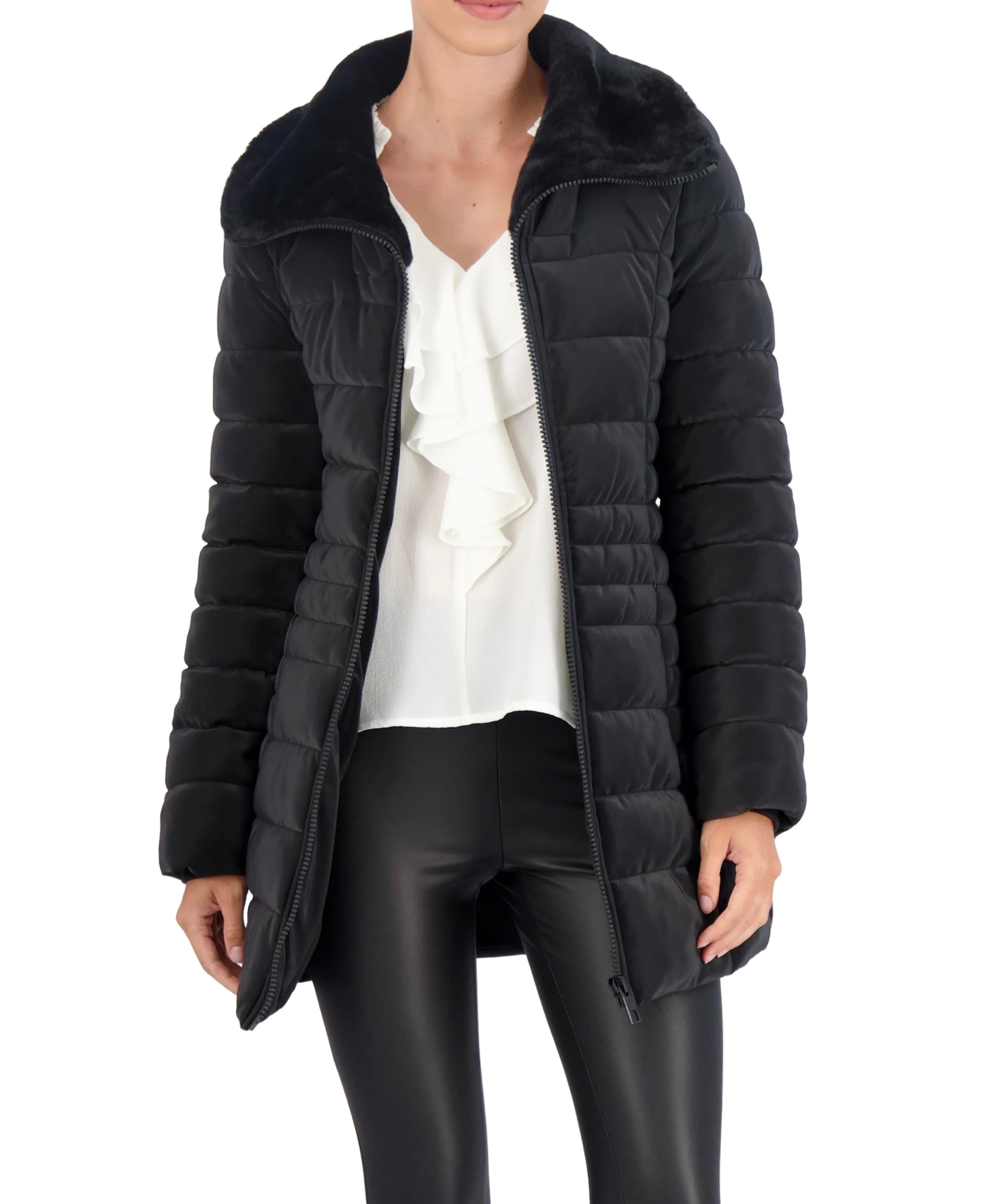 Ookie & Lala Faux Fur Trim Carbon Puffer Jacket