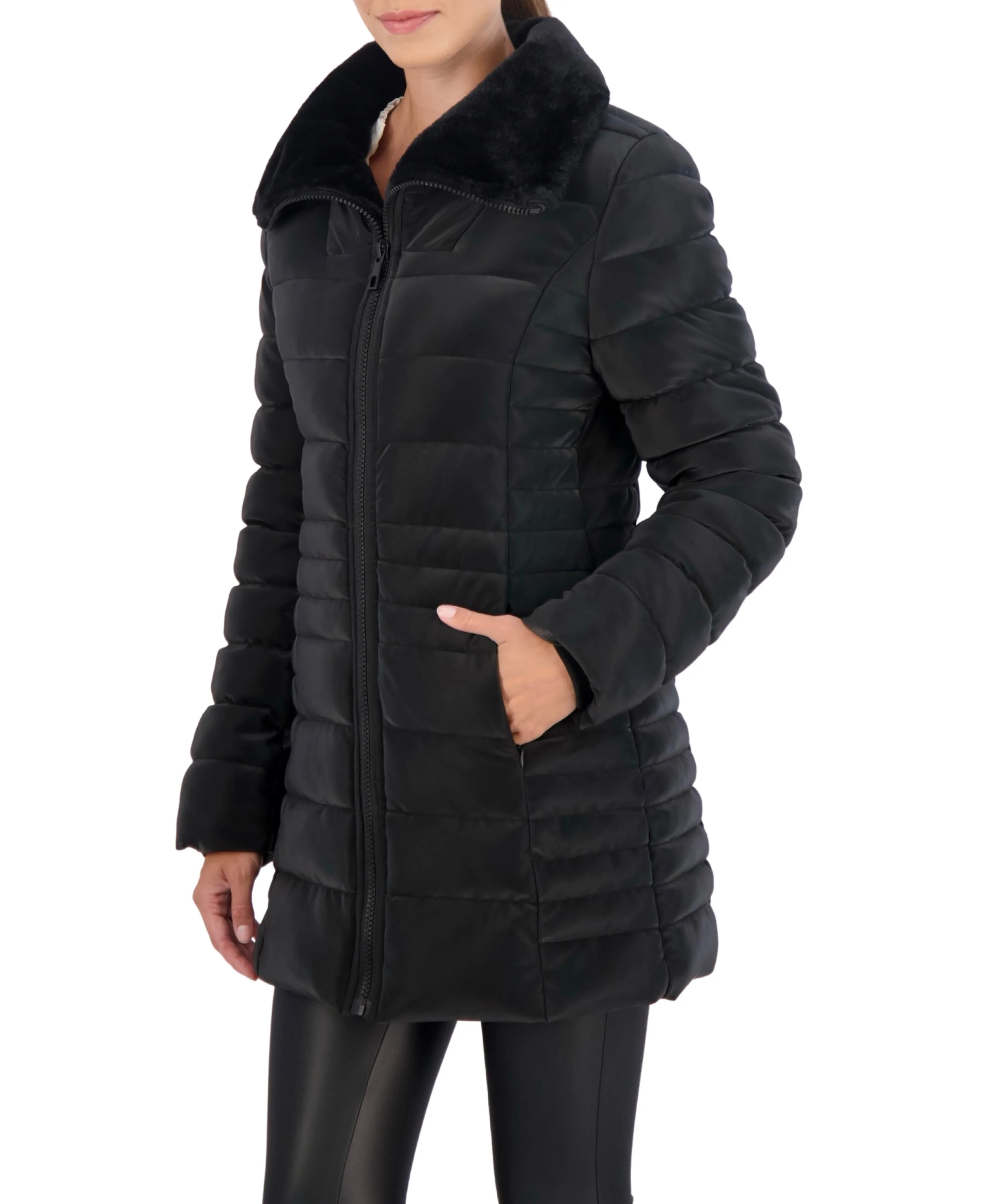 Ookie & Lala Faux Fur Trim Carbon Puffer Jacket