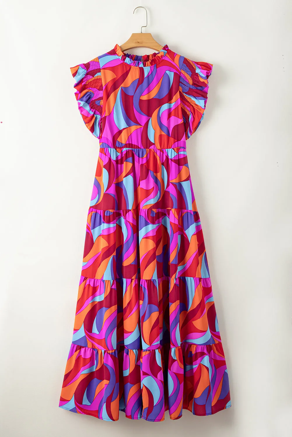 Orange Abstract Print High Waist Ruffle Tiered Maxi Dress