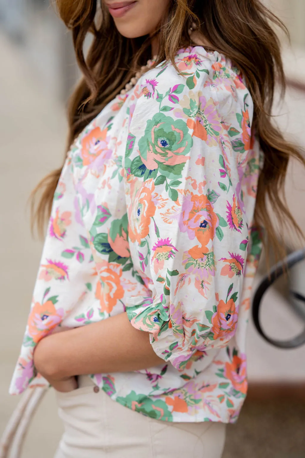 Painted Floral Cinched Trim Blouse