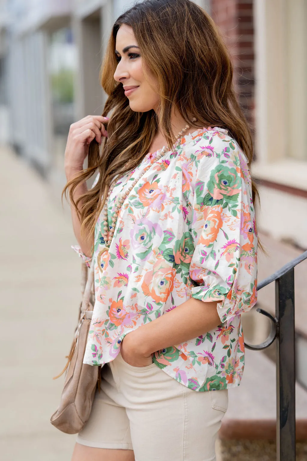 Painted Floral Cinched Trim Blouse