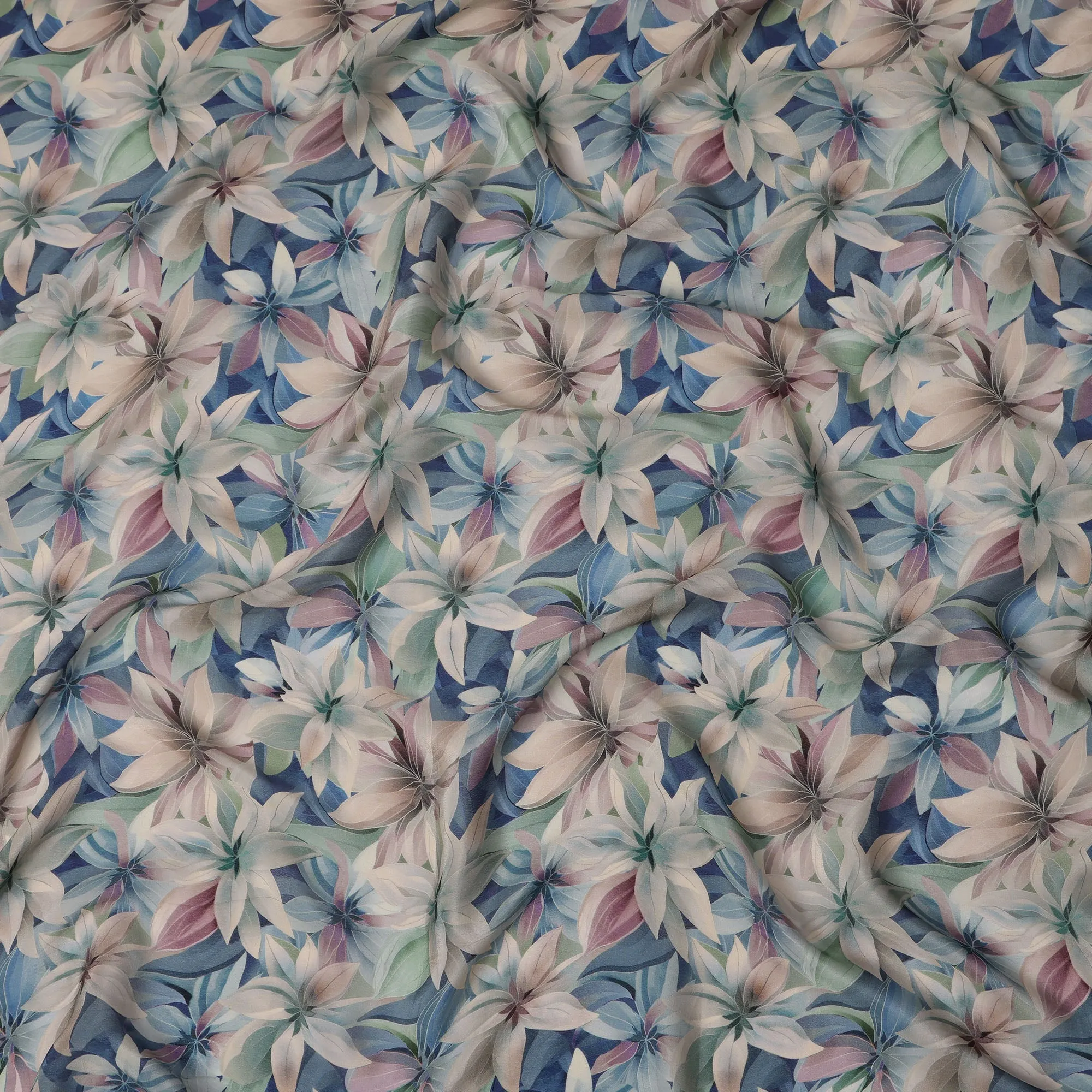 Pastel Blue Viscose Digital Printed Fabric with Large Floral Design, 110 cm Width-D21301