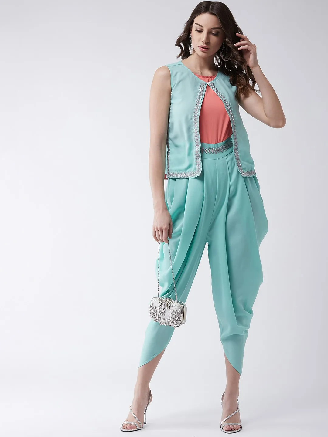 Pastel Embroidered Jumpsuit With Sleeveless Shrug