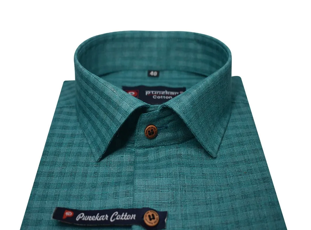 Peacock Color Cotton Self Woven Checks Handmade Shirts For Men's