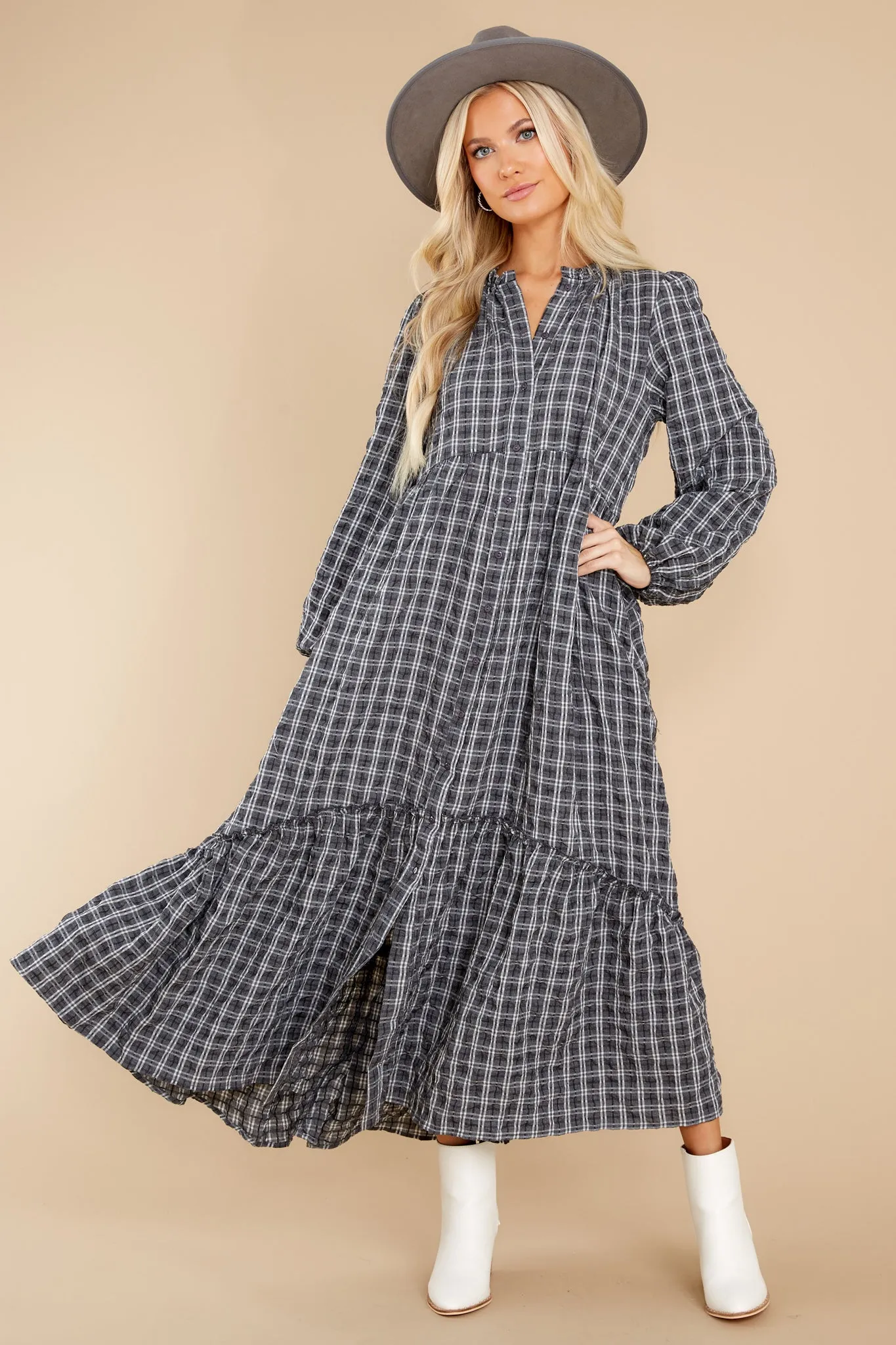 Picnic In The Park Grey Plaid Maxi Dress