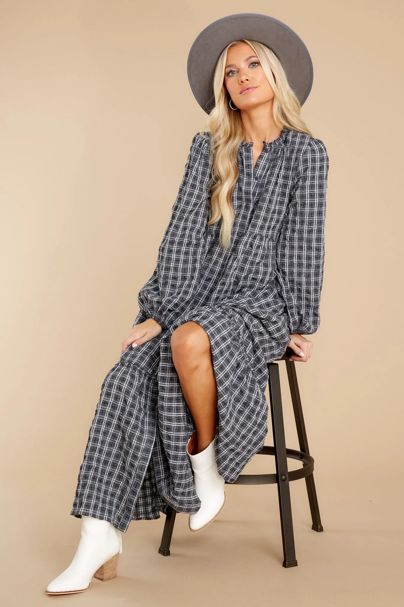 Picnic In The Park Grey Plaid Maxi Dress