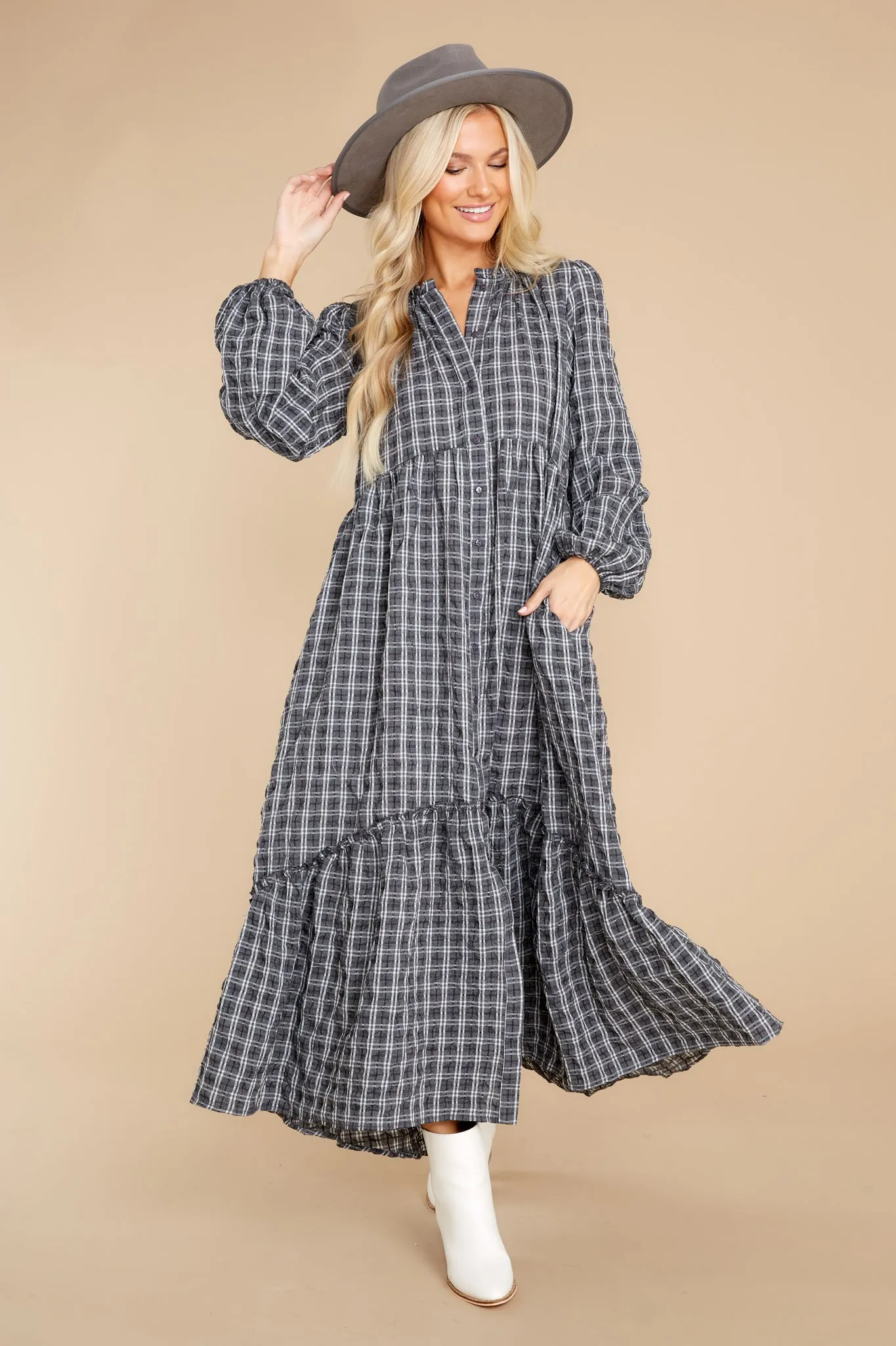 Picnic In The Park Grey Plaid Maxi Dress