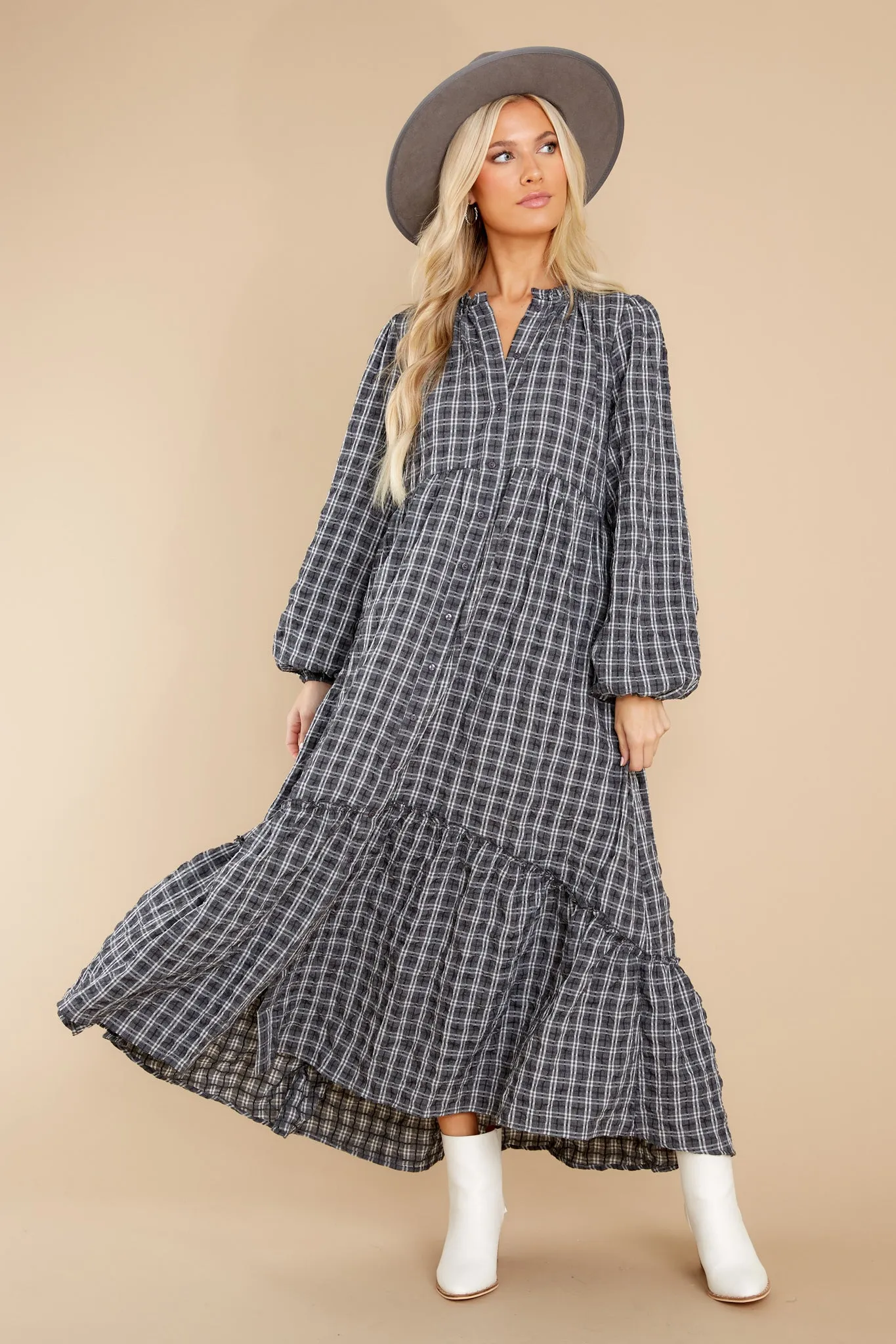 Picnic In The Park Grey Plaid Maxi Dress