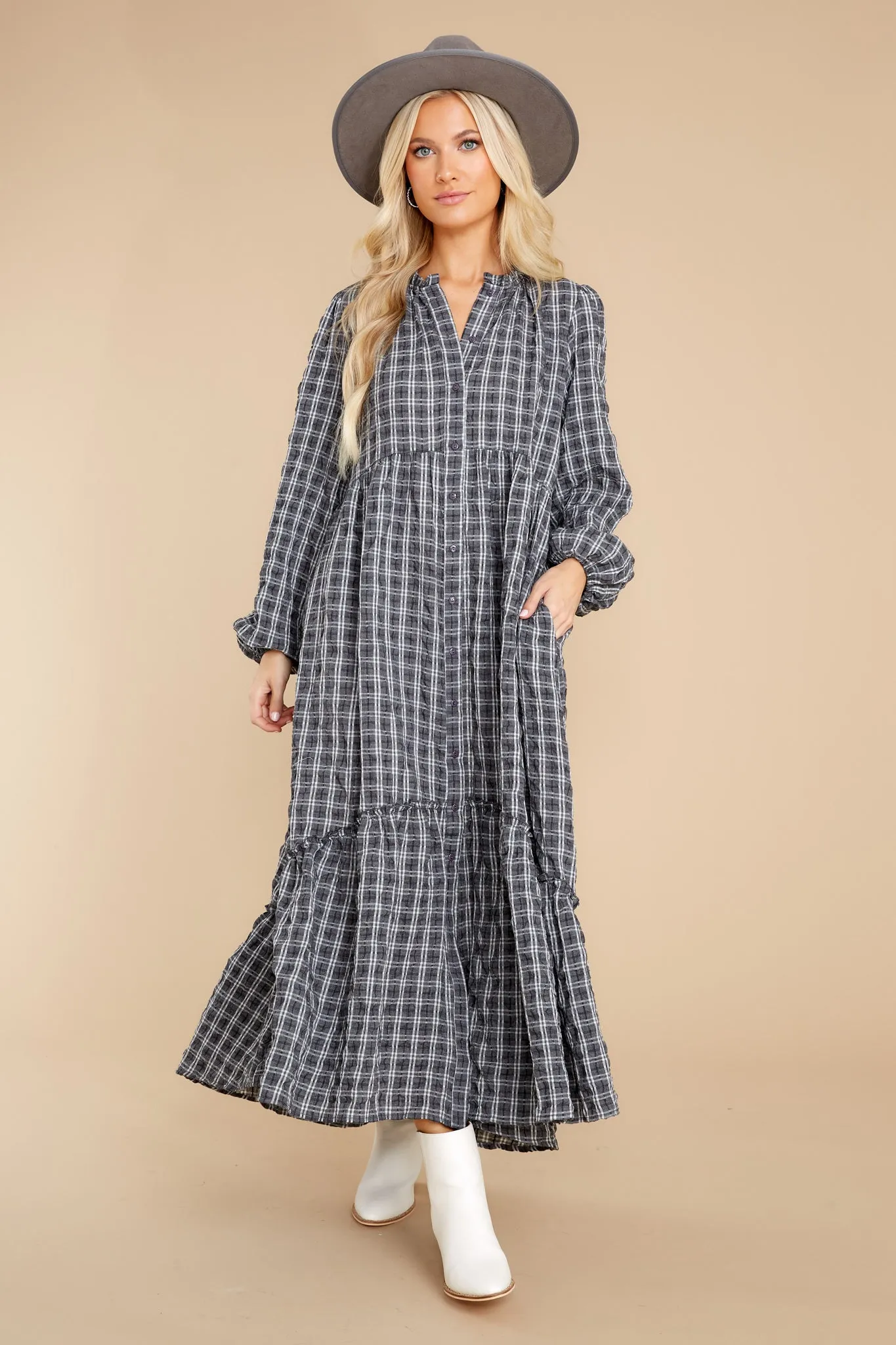 Picnic In The Park Grey Plaid Maxi Dress