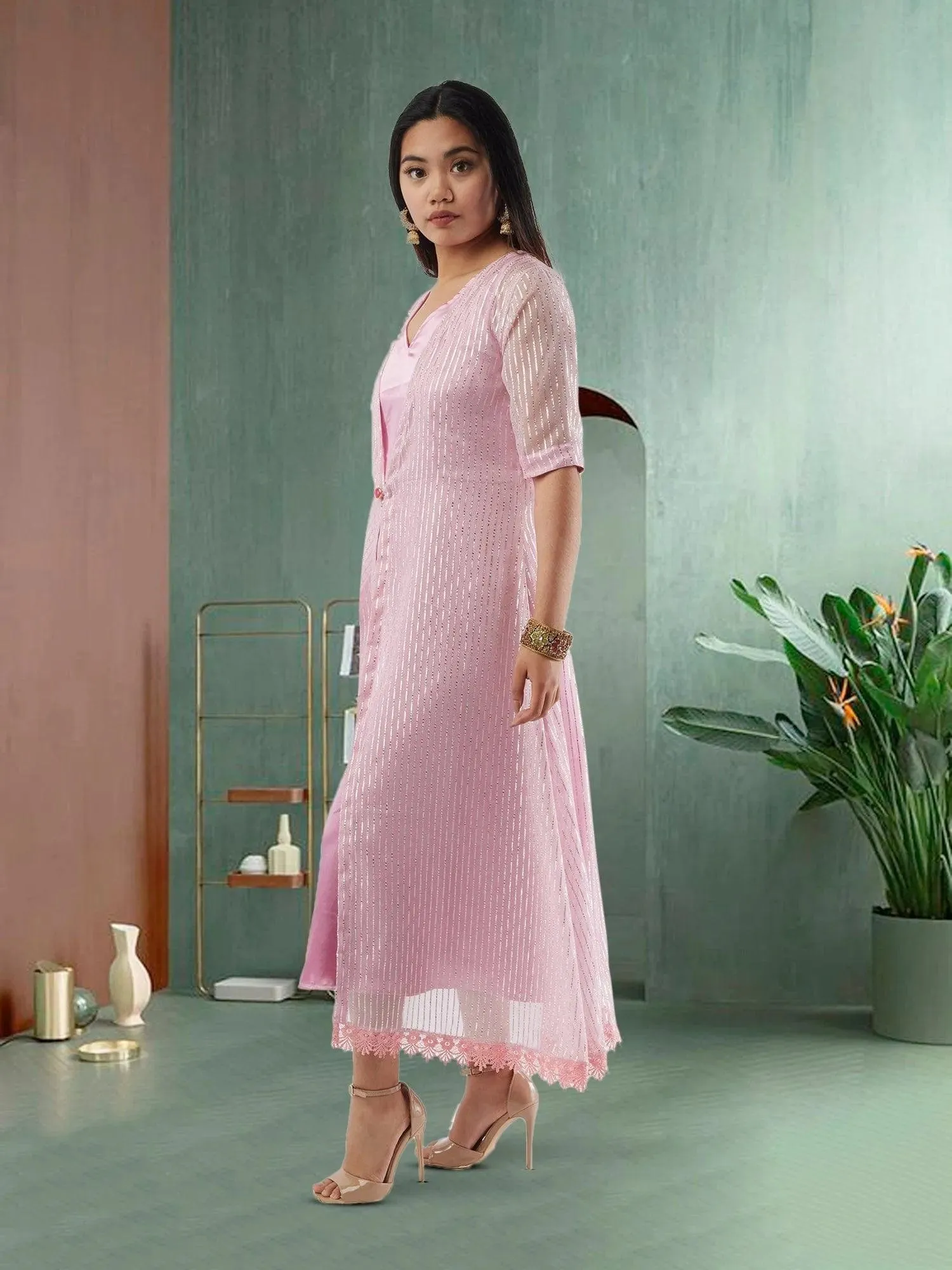 Pink and Silver Two Piece Layered Ankle Length Dress | Indo Western Dress