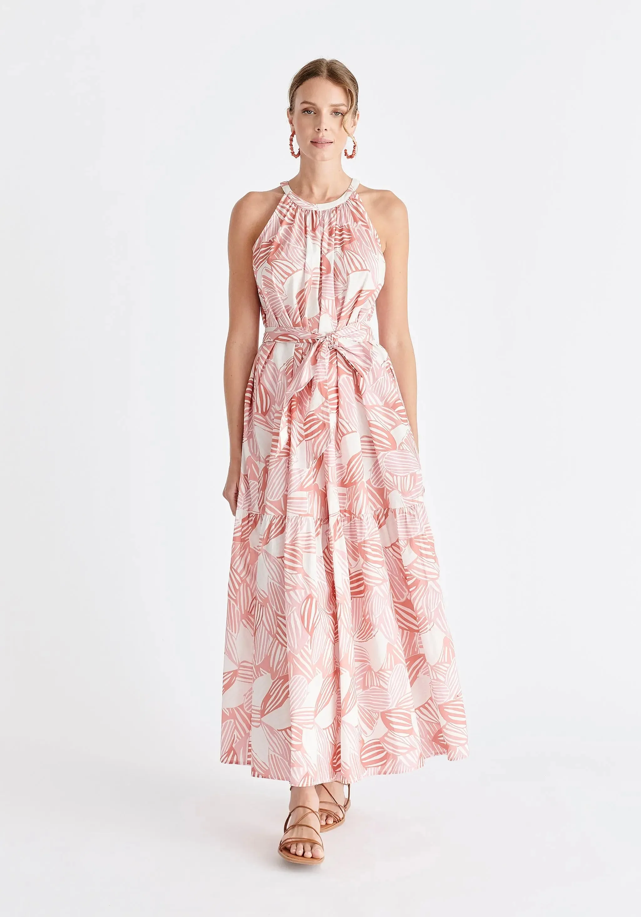 Pink and White Halterneck Maxi Dress