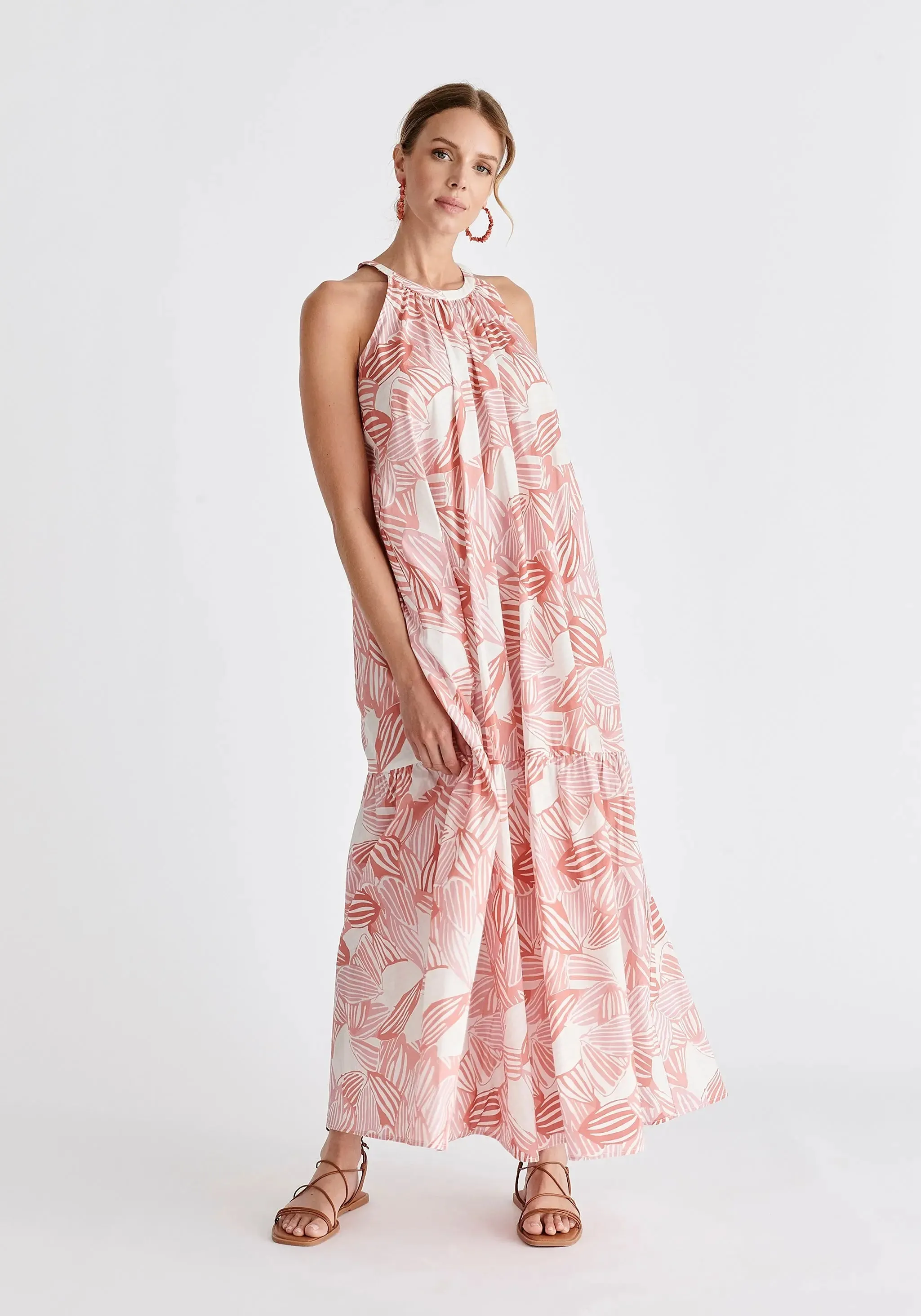 Pink and White Halterneck Maxi Dress