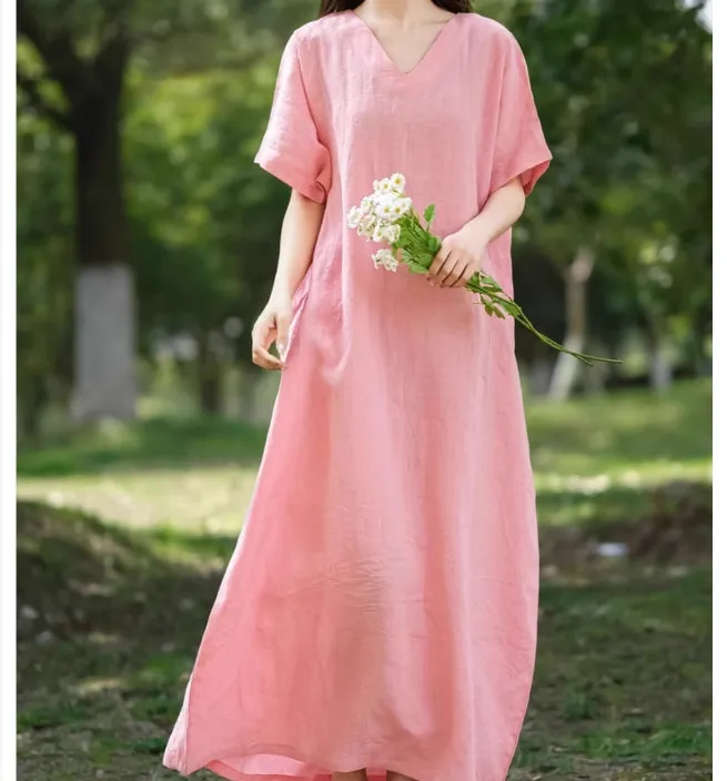 Pink Washed Soft Linen Summer Dresses  5733