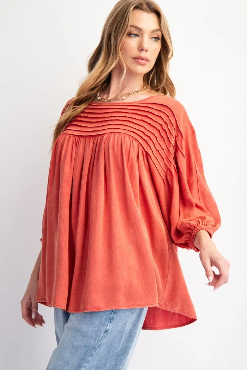 Pintuck Boho Pullover - Boho Red