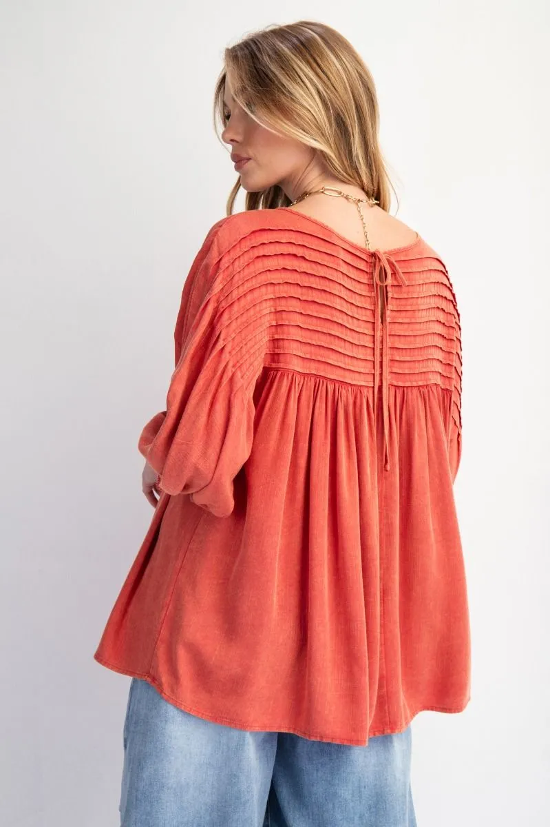 Pintuck Boho Pullover - Boho Red