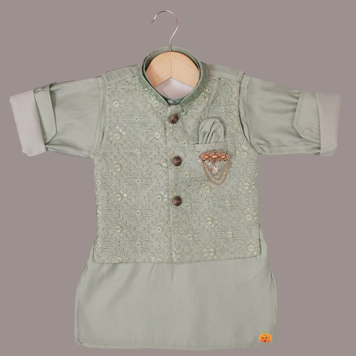 Pista & Onion Boys Kurta Pajama with Nehru Jacket