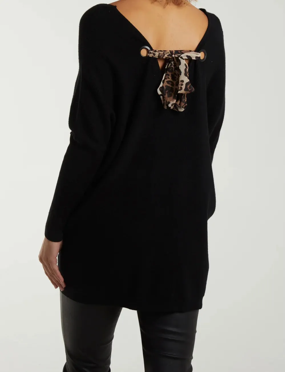 Plain V-Neck Fine Knit Long Line Jumper With A Leopard Bow Back Detail (3 Colours)