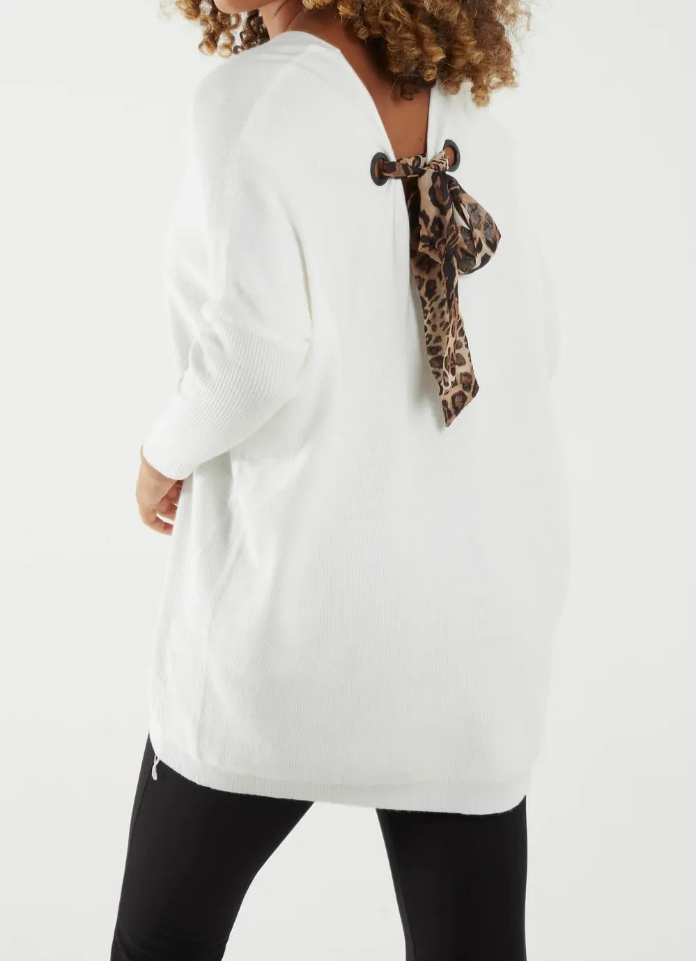 Plain V-Neck Fine Knit Long Line Jumper With A Leopard Bow Back Detail (3 Colours)