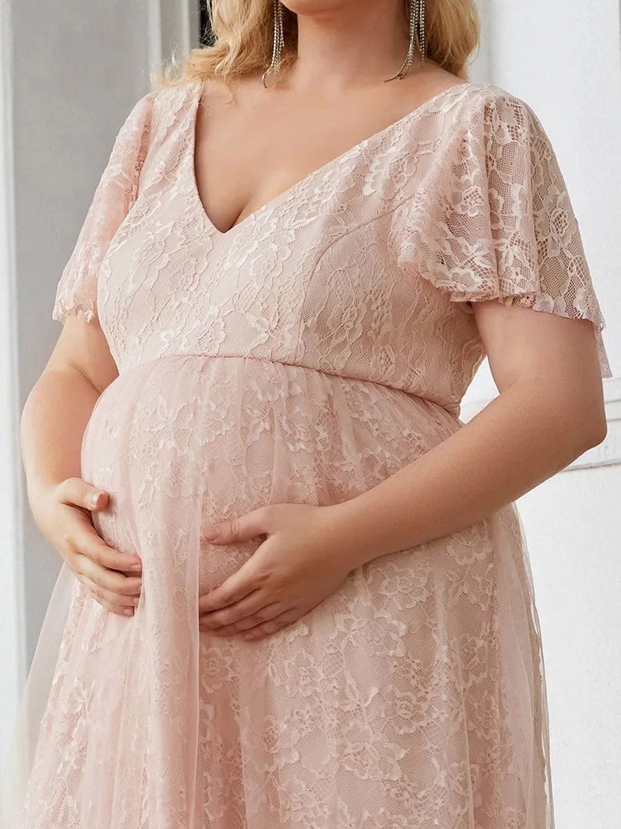 Plus Size Floral Lace Flutter Sleeve V-Neck Maternity Dress