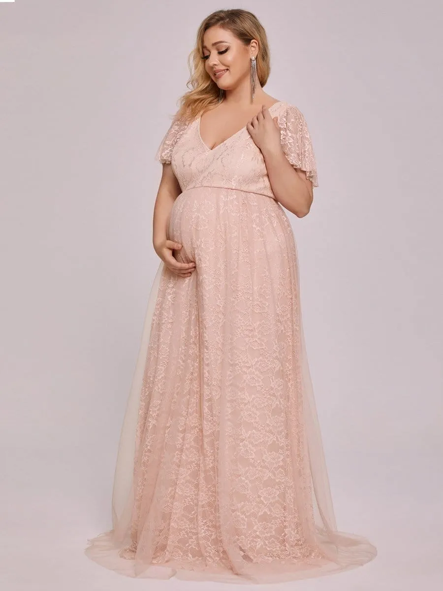 Plus Size Floral Lace Flutter Sleeve V-Neck Maternity Dress