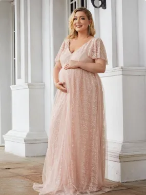 Plus Size Floral Lace Flutter Sleeve V-Neck Maternity Dress