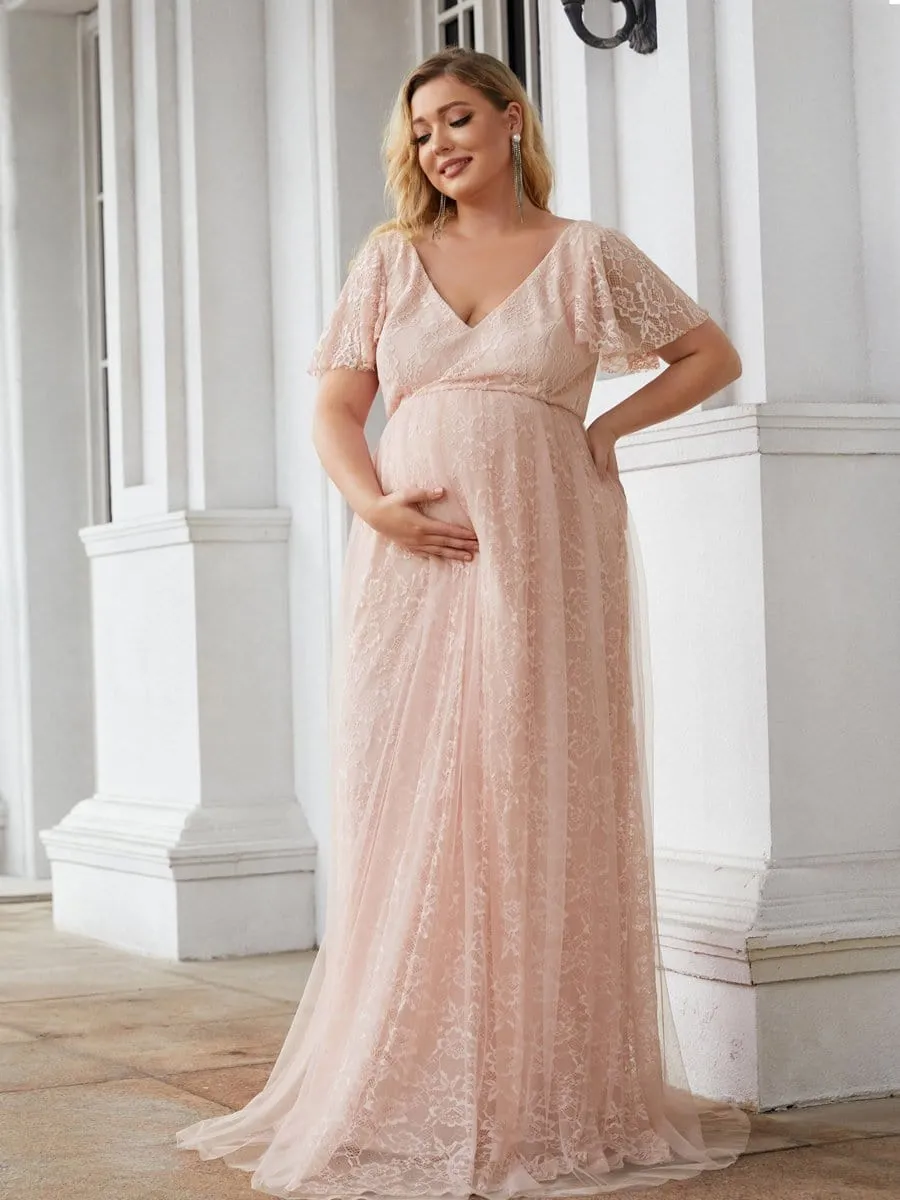 Plus Size Floral Lace Flutter Sleeve V-Neck Maternity Dress