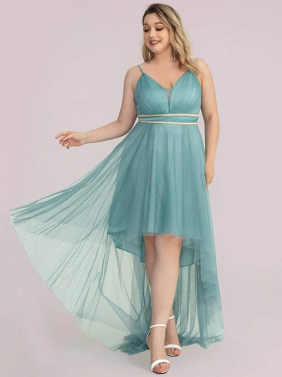 Plus Size V Neck High-low Hem Pleated Tulle Prom Dress