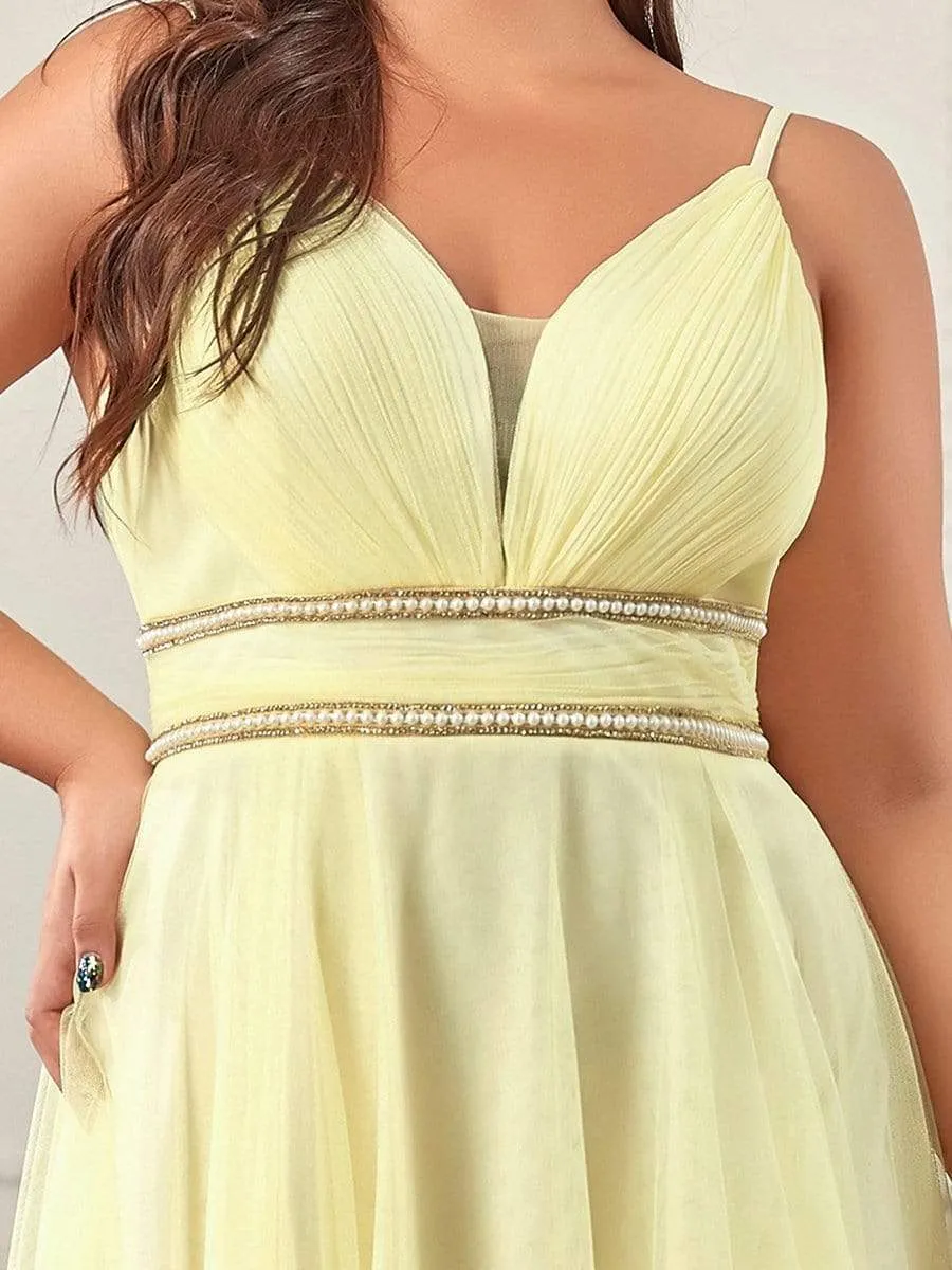 Plus Size V Neck High-low Hem Pleated Tulle Prom Dress