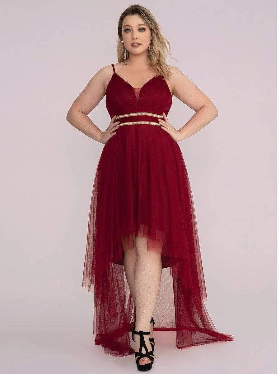 Plus Size V Neck High-low Hem Pleated Tulle Prom Dress