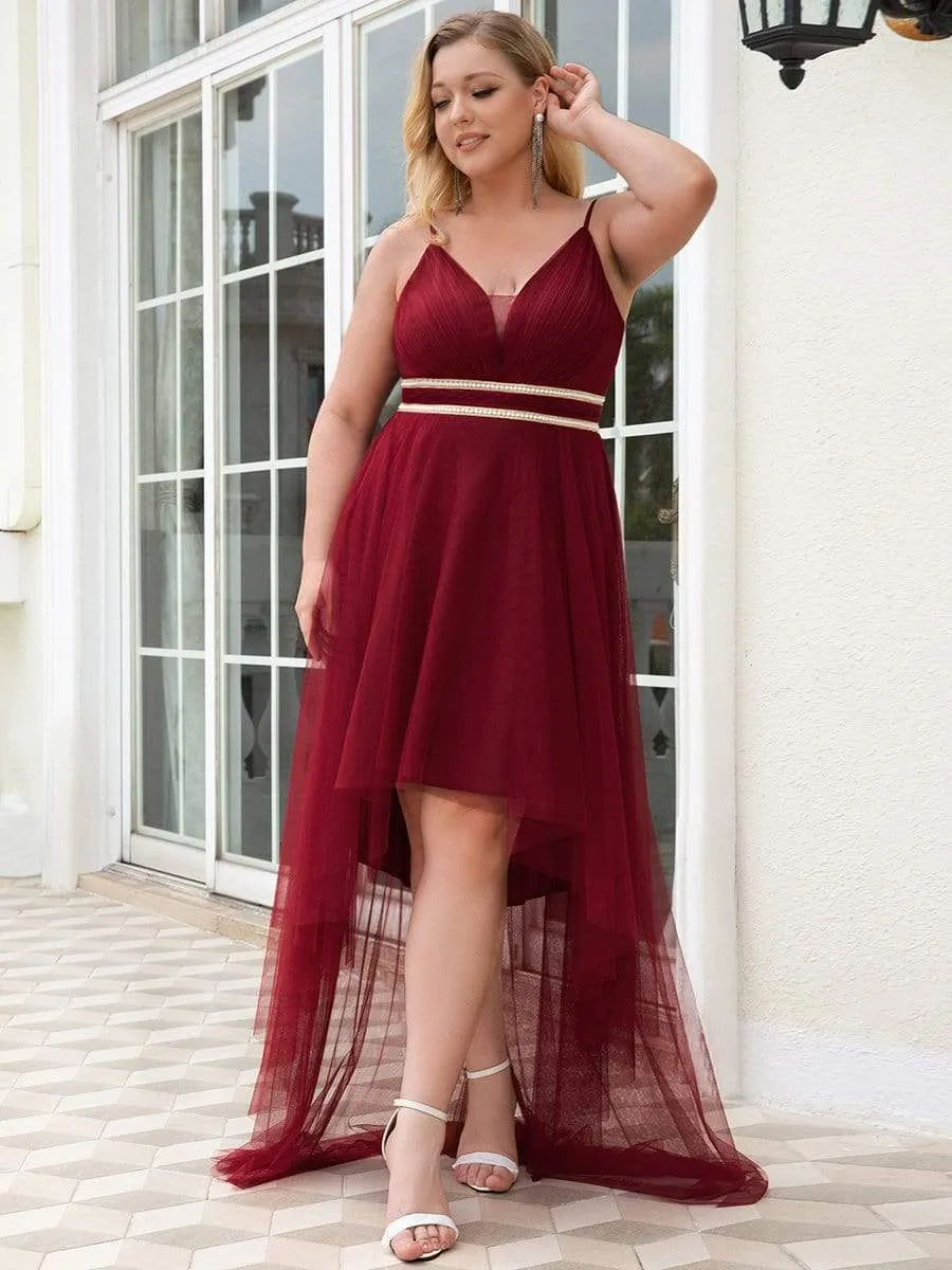 Plus Size V Neck High-low Hem Pleated Tulle Prom Dress