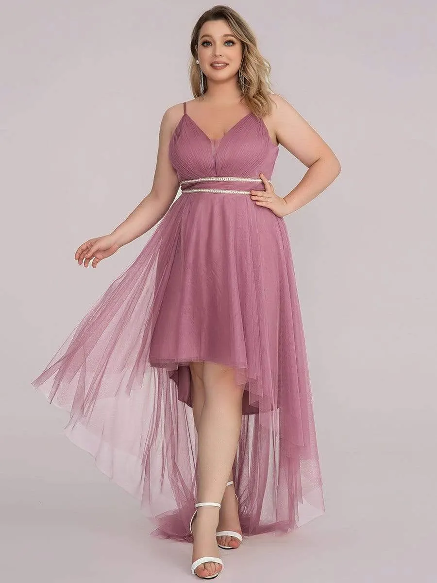 Plus Size V Neck High-low Hem Pleated Tulle Prom Dress