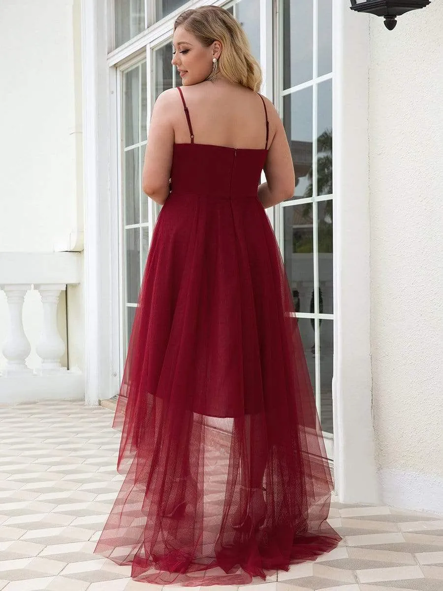 Plus Size V Neck High-low Hem Pleated Tulle Prom Dress