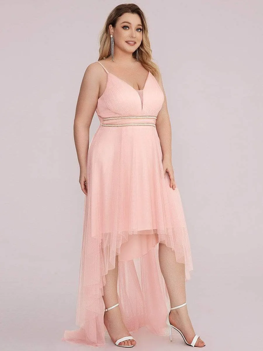 Plus Size V Neck High-low Hem Pleated Tulle Prom Dress