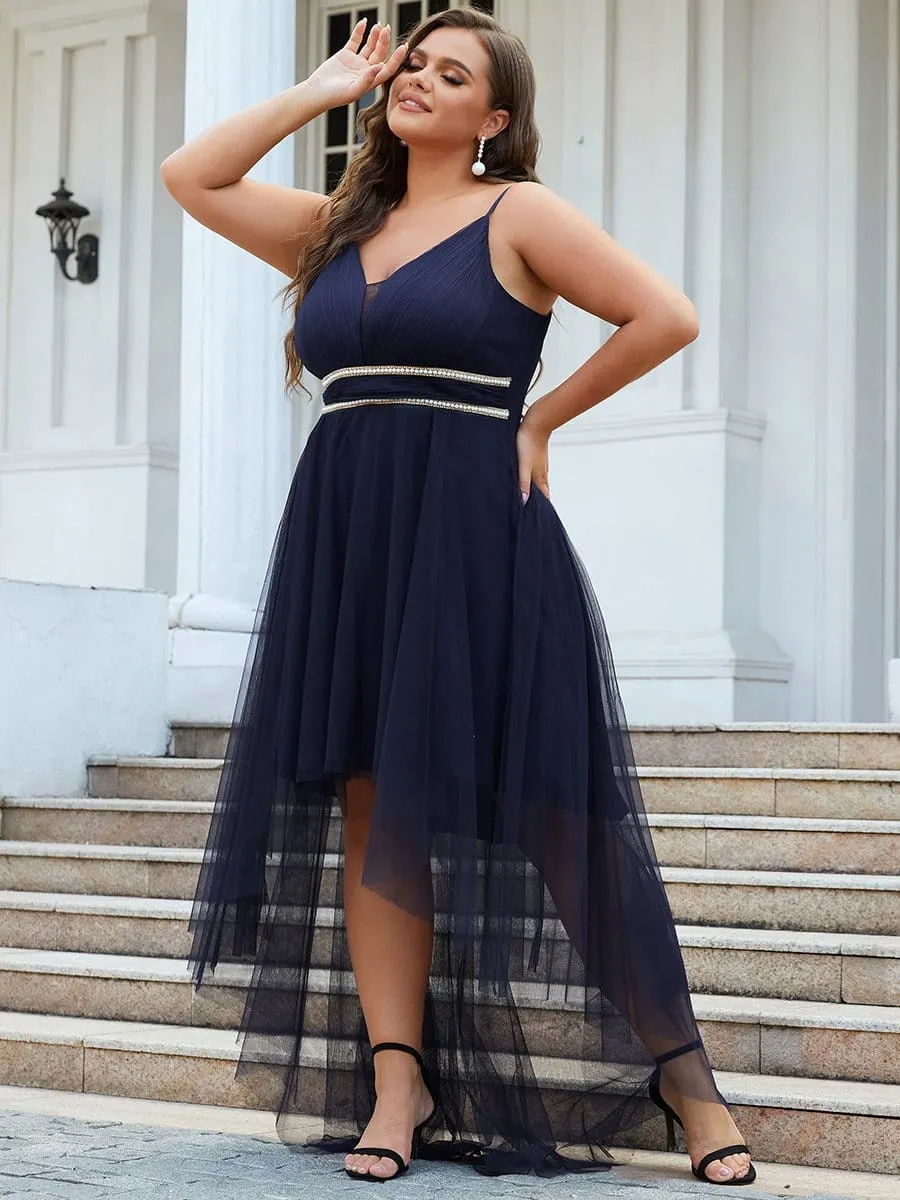 Plus Size V Neck High-low Hem Pleated Tulle Prom Dress