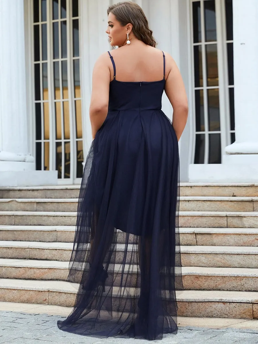 Plus Size V Neck High-low Hem Pleated Tulle Prom Dress