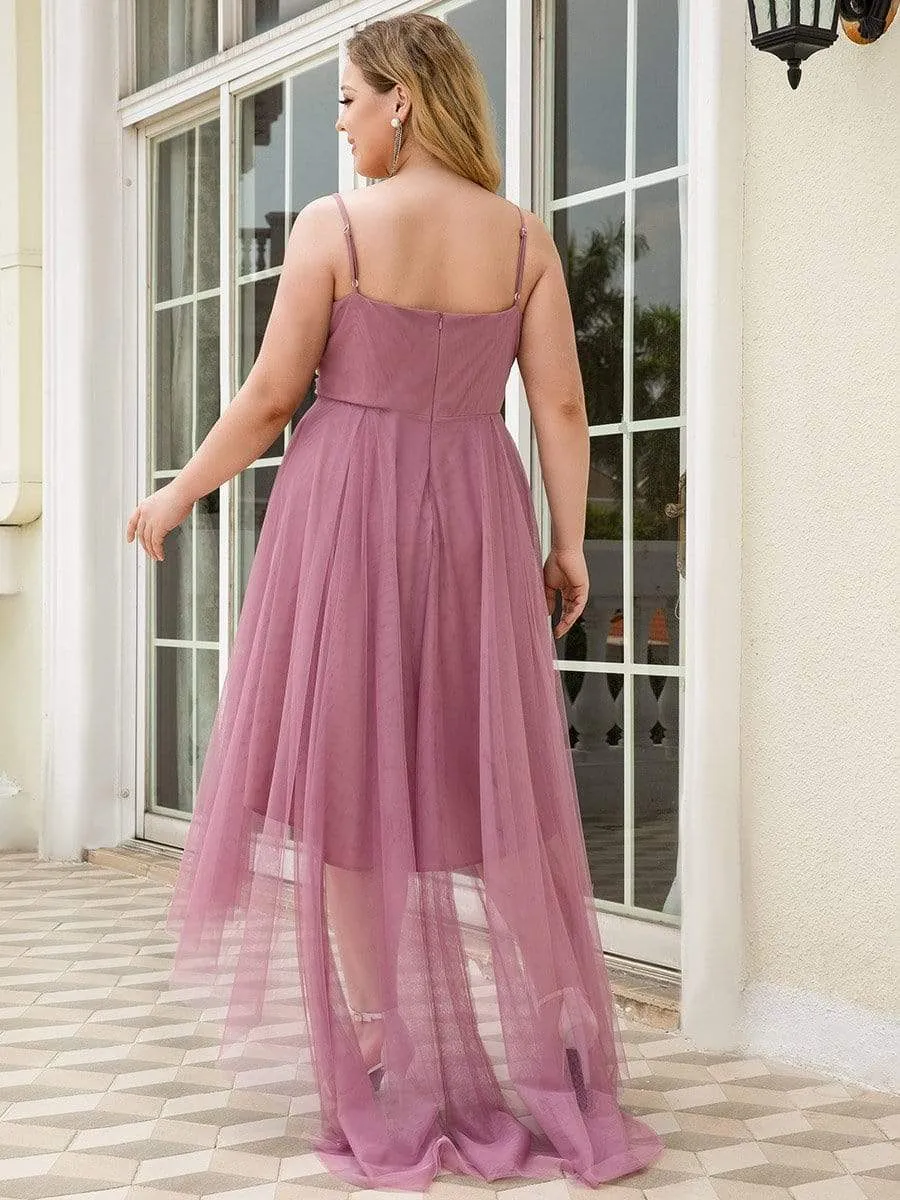 Plus Size V Neck High-low Hem Pleated Tulle Prom Dress