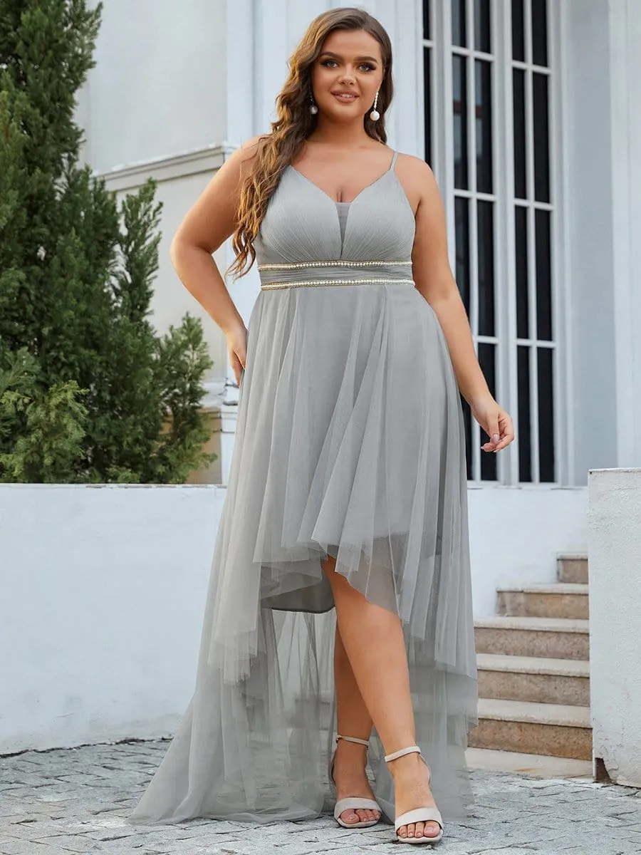 Plus Size V Neck High-low Hem Pleated Tulle Prom Dress