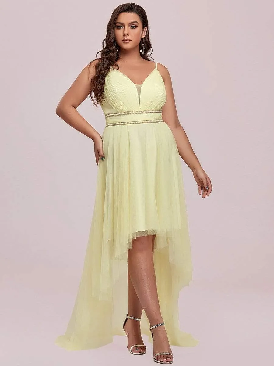 Plus Size V Neck High-low Hem Pleated Tulle Prom Dress