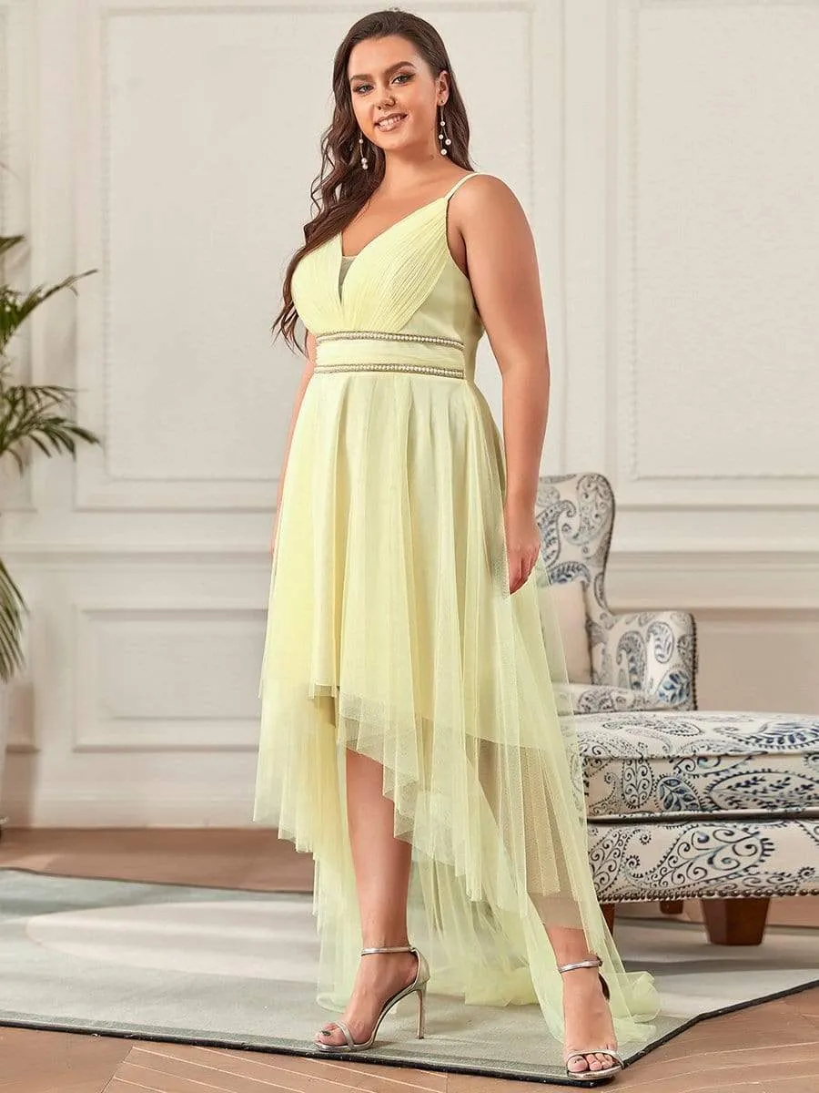 Plus Size V Neck High-low Hem Pleated Tulle Prom Dress