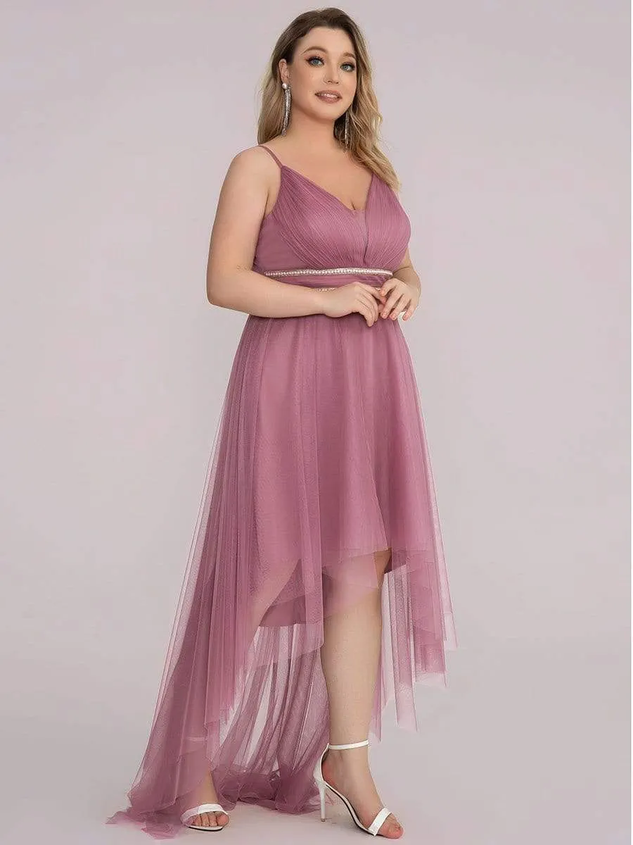 Plus Size V Neck High-low Hem Pleated Tulle Prom Dress