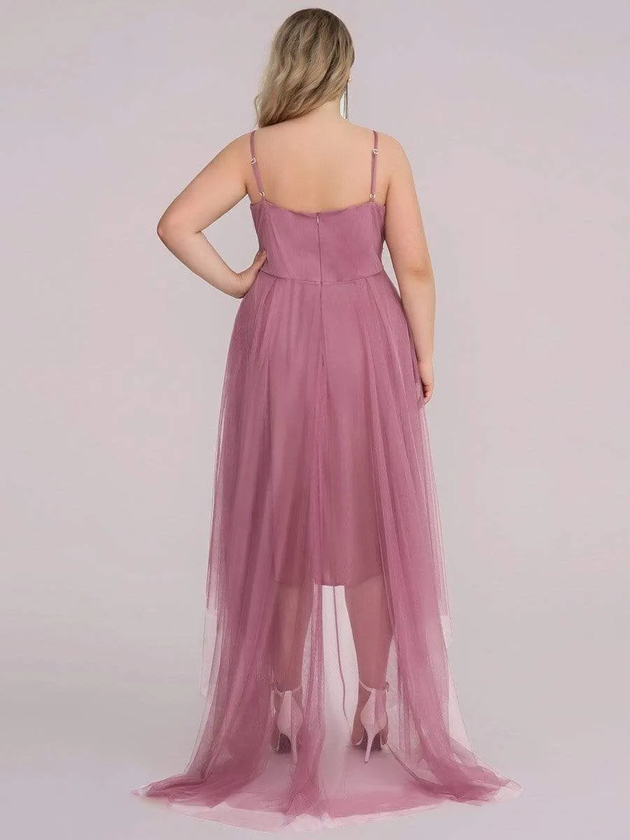 Plus Size V Neck High-low Hem Pleated Tulle Prom Dress