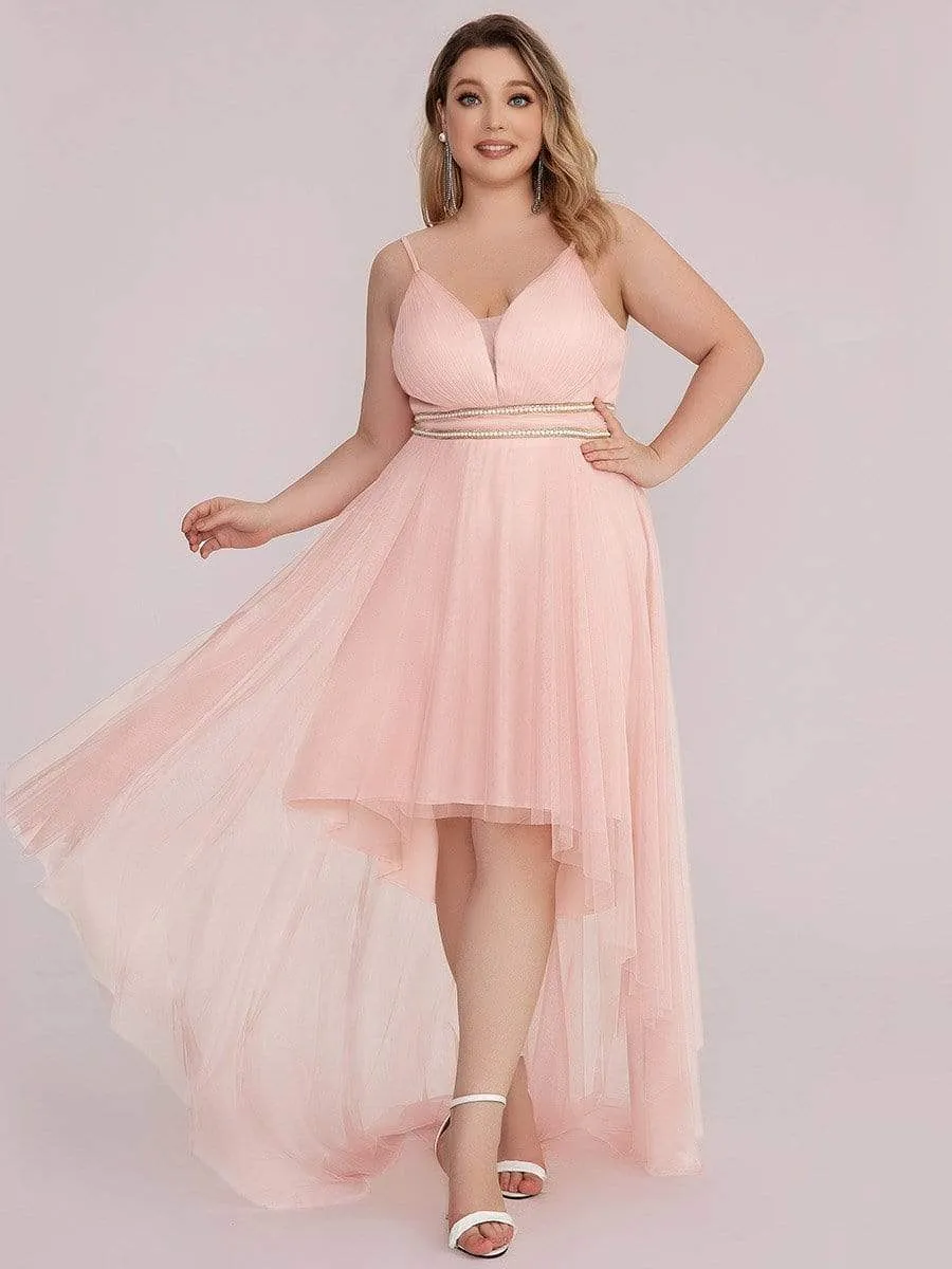 Plus Size V Neck High-low Hem Pleated Tulle Prom Dress