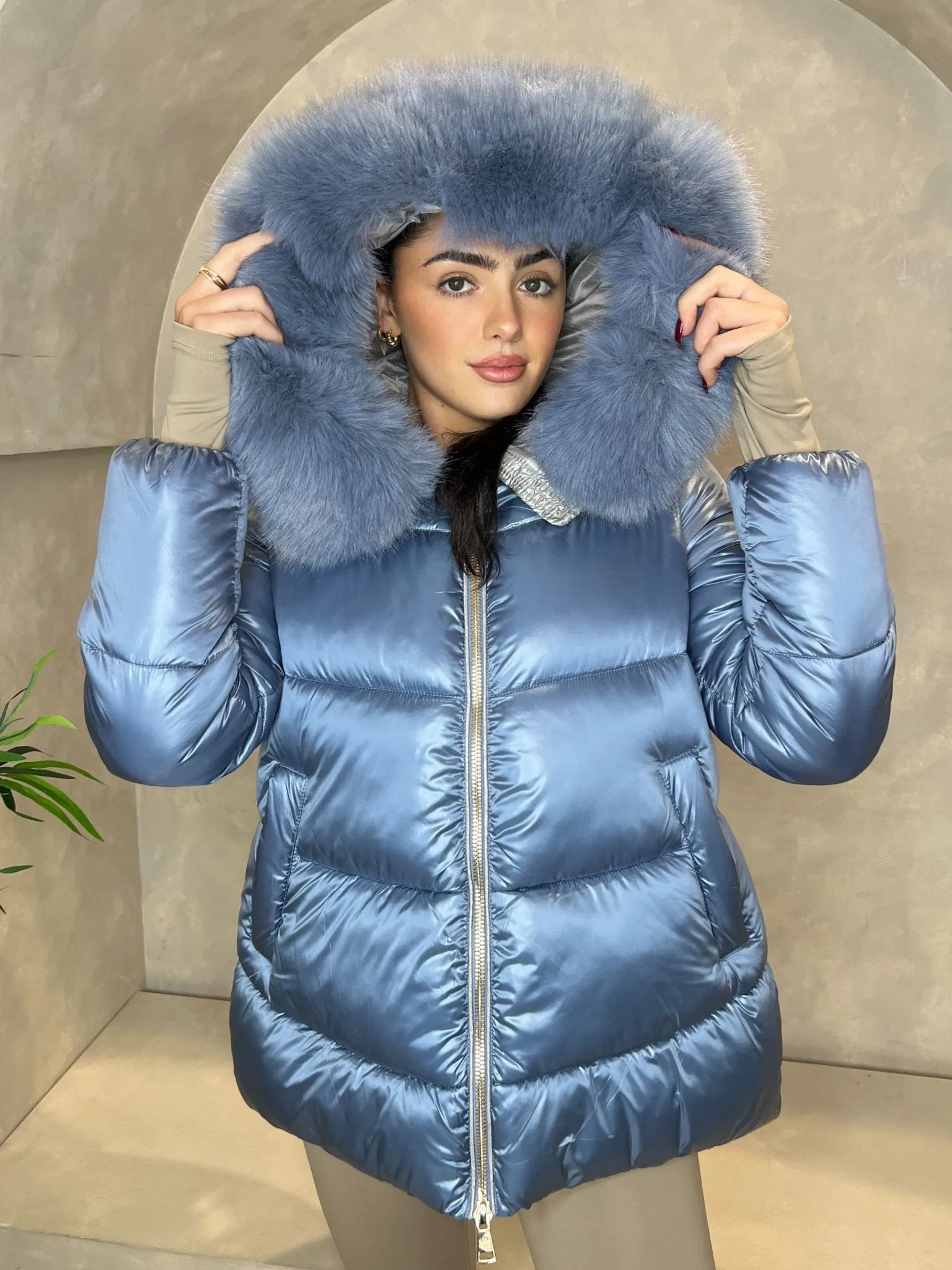 Powder Blue Faux Fur Hood Puffer Jacket