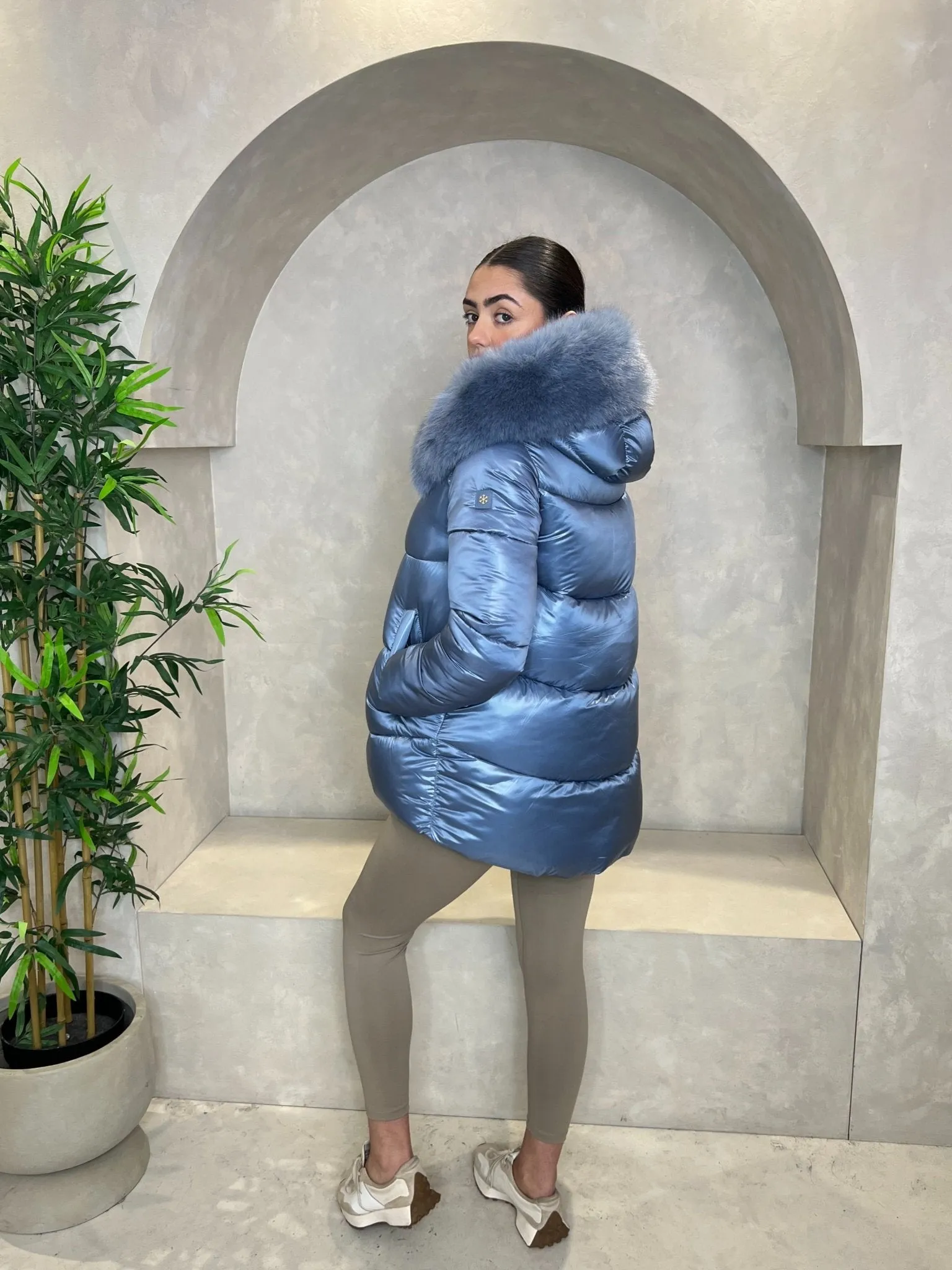 Powder Blue Faux Fur Hood Puffer Jacket