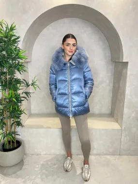 Powder Blue Faux Fur Hood Puffer Jacket