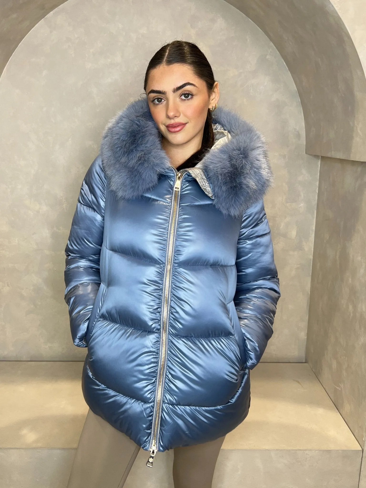 Powder Blue Faux Fur Hood Puffer Jacket